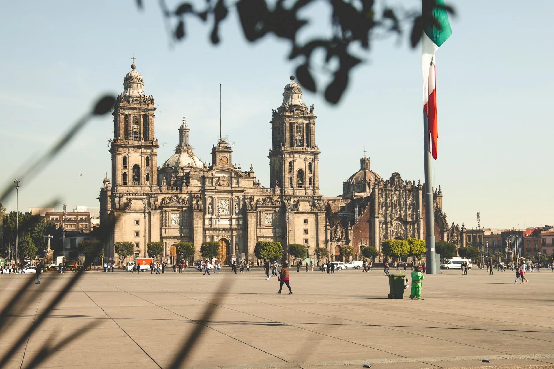 The Zócalo in Mexico City decorated with Mexican flags and lights for Independence Day in September