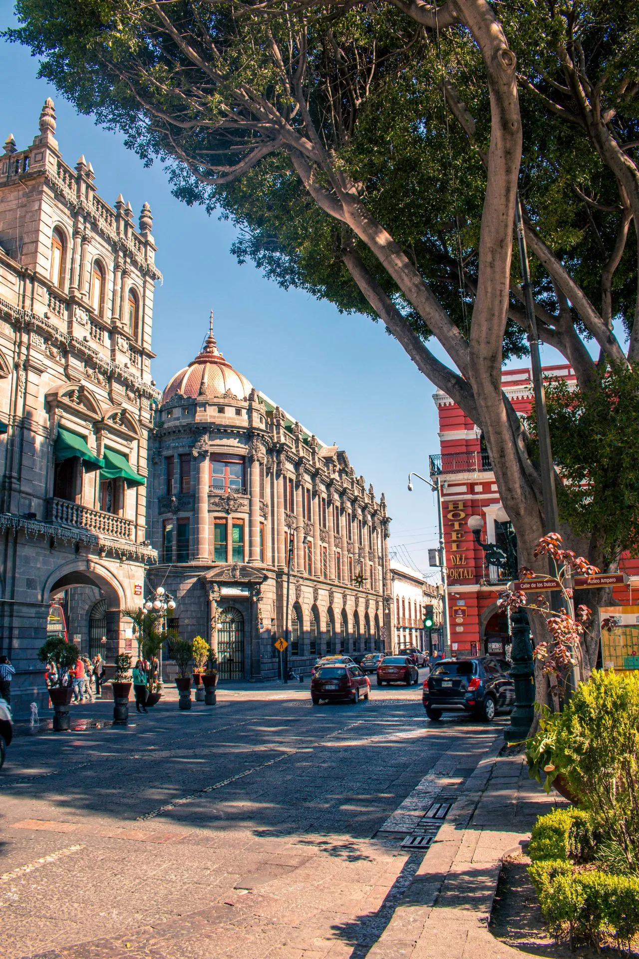 Street view of historic architecture in Puebla, Mexico